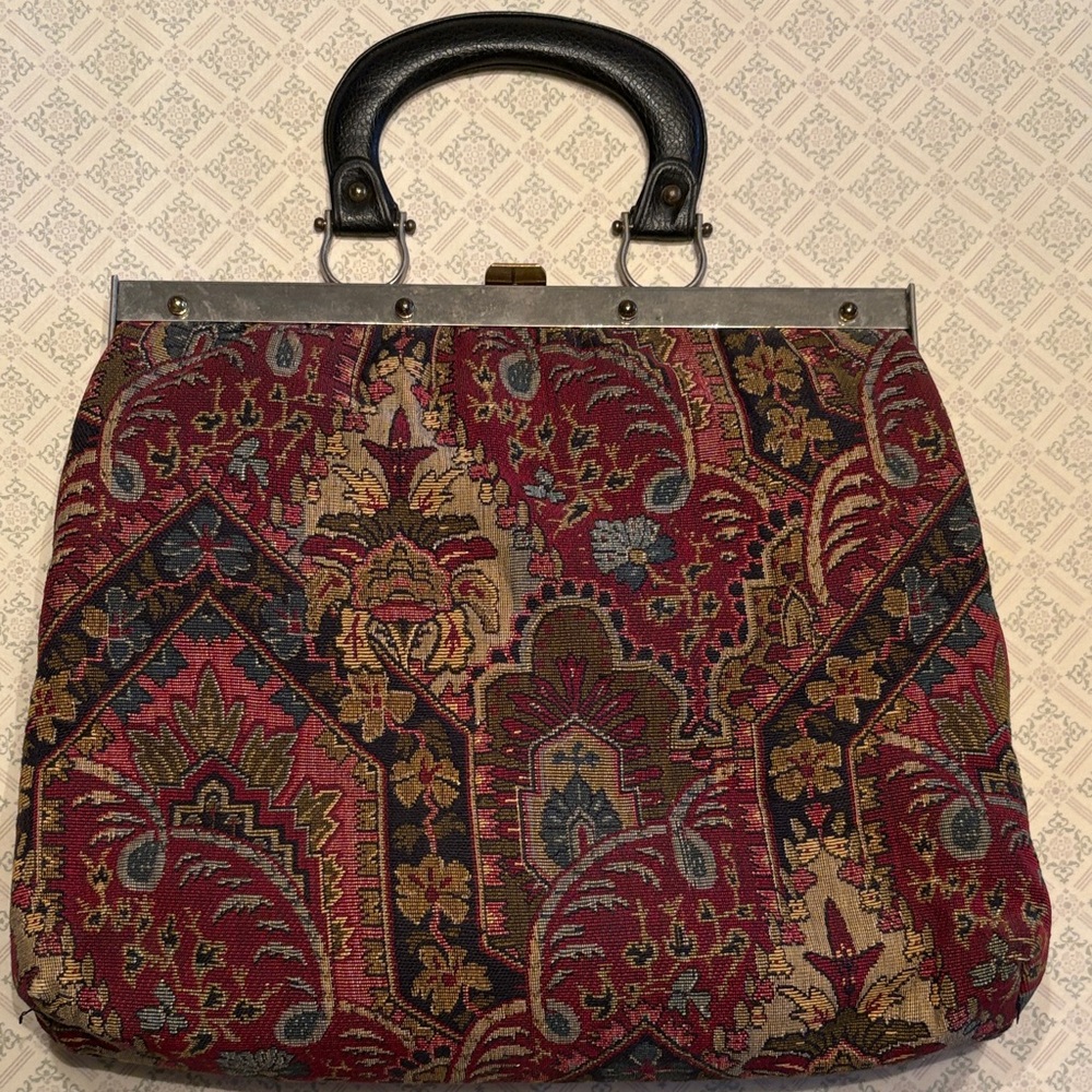 Vintage Floral Tapestry Satchel with Black Handles